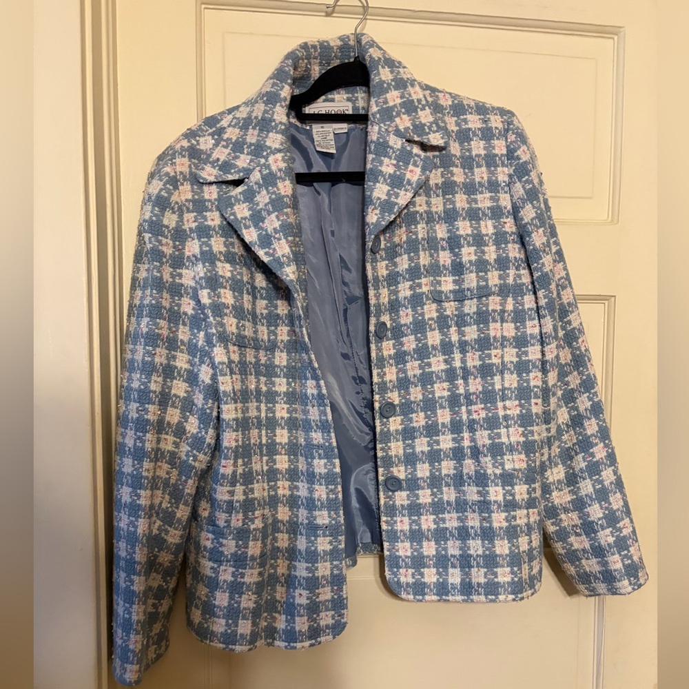 Women’s Pastel Blue & White Tweed Blazer - Elegant Checked Jacket